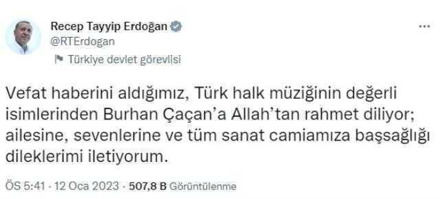 Cumhurbaşkanı Erdoğan'dan sanatçı Burhan Çaçan için taziye mesajı