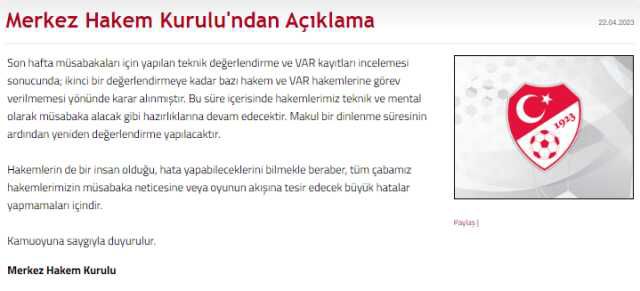 Son Dakika: MHK'den şaşırtan karar: İkinci bir değerlendirmeye kadar bazı hakem ve VAR hakemlerine görev verilmeyecektir