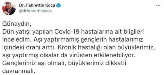 Son Dakika! Sağlık Bakanı Koca: Aşı olmayan gençlerin hastalarımız içindeki oranı arttı