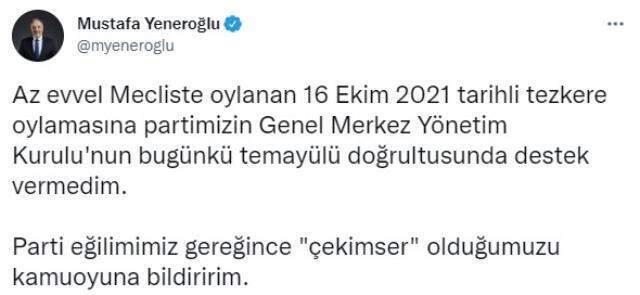 Tezkereyi desteklediklerini açıklayan DEVA Partisi son anda karar değiştirerek çekimser kaldı