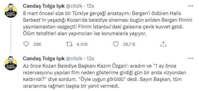 Bergen filmi, Halis Serbes'in yaşadığı Kozan'daki sinemalarda yayınlanmadı