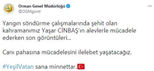 Orman yangını şehidi Yaşar Cinbaş'ın son görüntüleri paylaşıldı