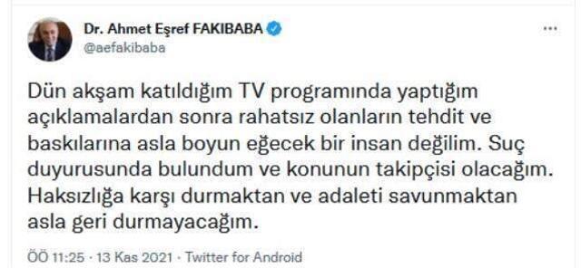 Şenyaşar ailesine 'terörist' dediği için utandığını söyleyen Fakıbaba: Tehdide boyun eğmem