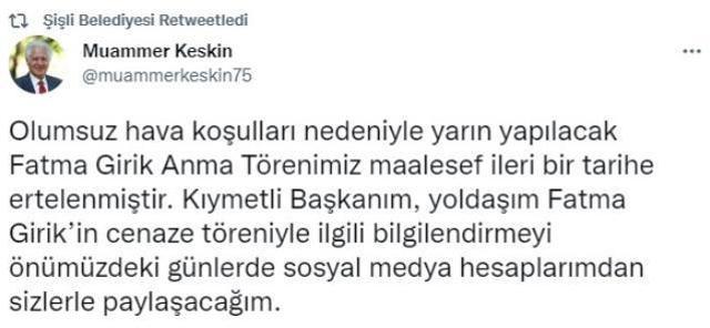 Fatma Girik için yapılacak olan anma törenleri hava koşulları nedeniyle iptal edildi