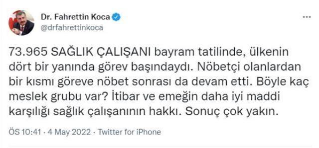 Bakan Koca, bayram tatilinde 73 bin 965 sağlık çalışanının görev yaptığını bildirdi