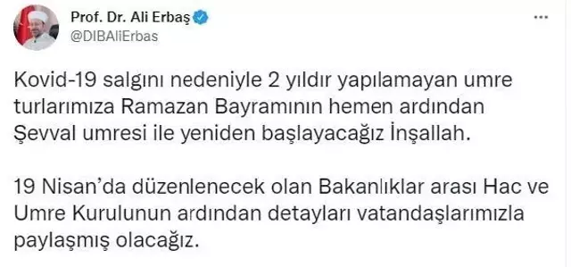 Diyanet İşleri Başkanı Erbaş, ramazan sonrası umre turlarının başlayacağını duyurdu