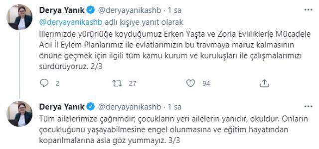 Aile ve Sosyal Hizmetler Bakanı Yanık'tan erken yaşta ve zorla evliliklerle ilişkin paylaşım