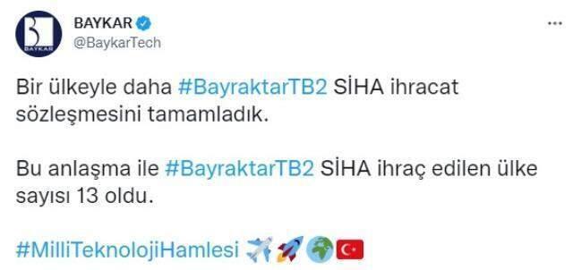 Bayraktar TB2 SİHA, ihracatta ülke sayısını 13'e çıkardı