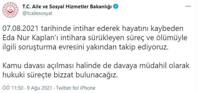 Eda Nur Kaplan'ı intihara sürükleyen süreçle ilgili Bakanlık'tan açıklama: Soruşturmayı yakından takip ediyoruz