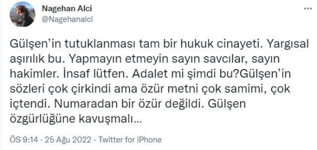 Nagehan Alçı'dan Gülşen'in tutuklanmasına tepki: Tam bir hukuk cinayeti, bir an önce özgürlüğüne kavuşmalı