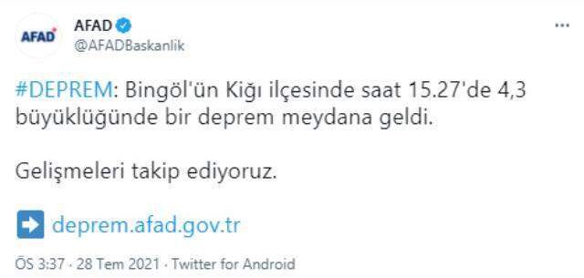 Bingöl'de 4,3 büyüklüğünde deprem