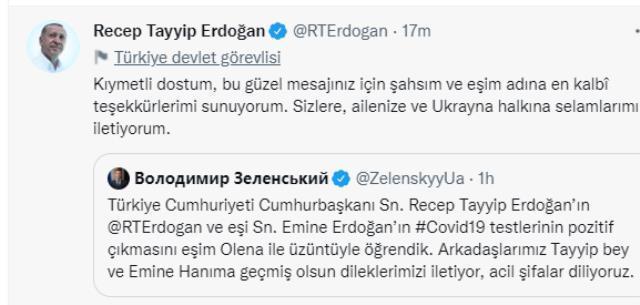 Koronaya yakalanan Cumhurbaşkanı Erdoğan'a yurtdışından ilk geçmiş olsun mesajı Ukrayna'dan