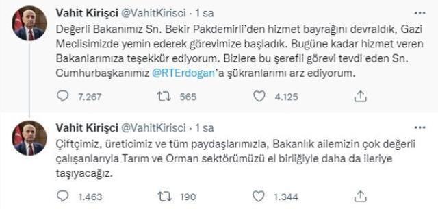Bakan Kirişci: 'Bizlere bu şerefli görevi tevdi eden Cumhurbaşkanımıza şükranlarımı sunuyorum'