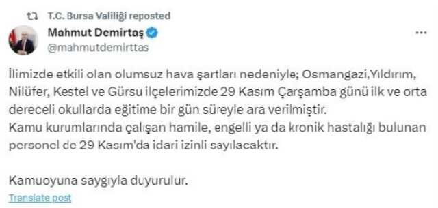 Bursa üniversiteler tatil mi? 29 Kasım Bursa'da üniversiteler tatil edildi mi?