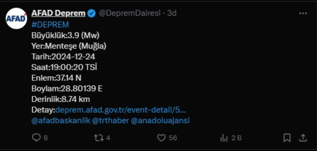 Muğla'da 3.9 büyüklüğünde deprem
