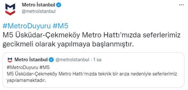 İstanbul'da arıza nedeniyle Üsküdar-Çekmeköy metro seferleri aksadı
