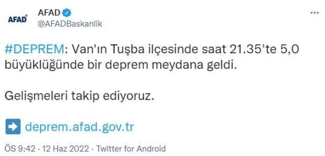 Son Dakika: Van'ın Tusba ilçesinde 5.0 büyüklüğünde deprem meydana geldi