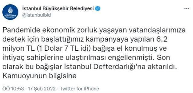 İBB'nin pandemi döneminde ihtiyaç sahibi aileler için topladığı 6.2 milyon TL, İstanbul Defterdarlığı'na aktarıldı