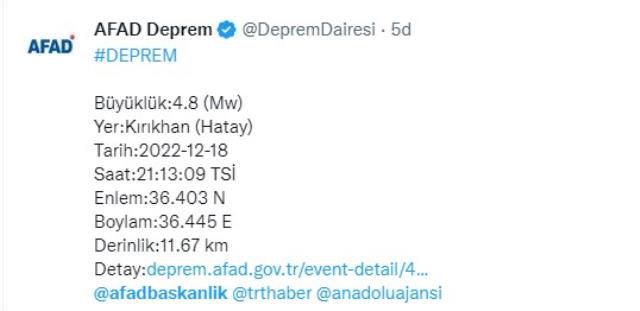 Son Dakika: Hatay'da 4.8 şiddetinde deprem meydana geldi