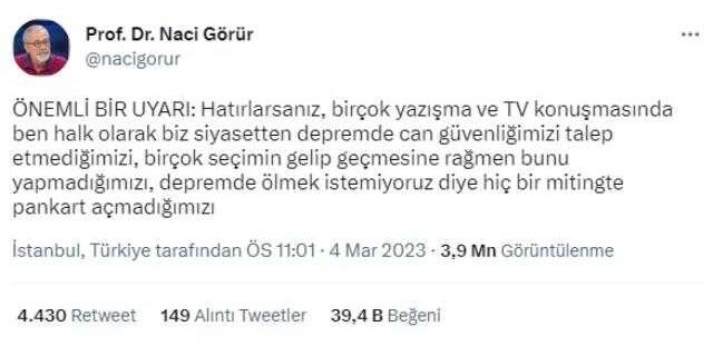 Naci Görür: Depremle ilgili projelerinden tatmin olmadığınız hiçbir partiye oy vermeyin