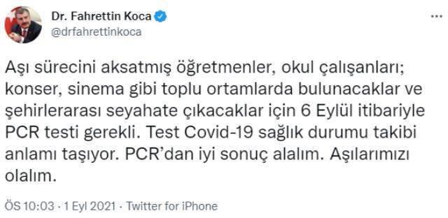 Bakan Koca, 6 Eylül'den itibaren aşı olmayanların PCR testi olması gerektiğini hatırlattı