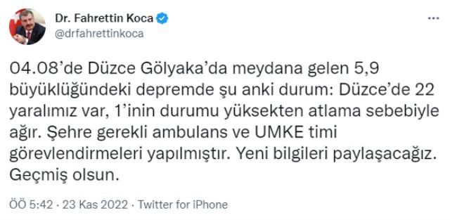 Son dakika! Bakan Koca 5.9 büyüklüğündeki depreme ilişkin son durumu paylaştı: Düzce'de 22 yaralımız var, 1'inin durumu ağır