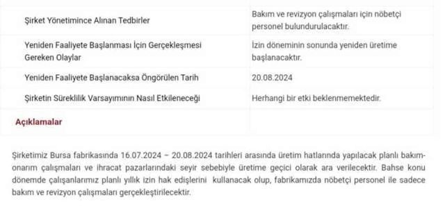 Otomotiv devi Tofaş üretime ara veriyor