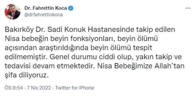 Son Dakika! Bakan Koca: Nisa bebeğin beyin ölümü tespit edilmedi ancak genel durumu ciddi