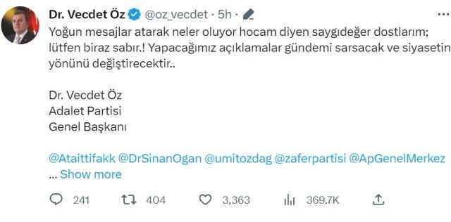 Vecdet Öz hangi ittifakı seçti? Adalet Partisi hangi ittifaka destek verecek?