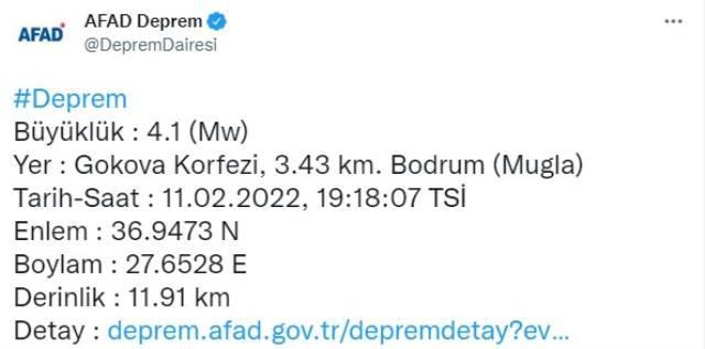 Bodrum'da deprem mi oldu? Son Dakika! 11 Şubat Bugün Bodrum'da deprem kaç şiddetinde oldu? AFAD ve Kandilli son depremler listesi