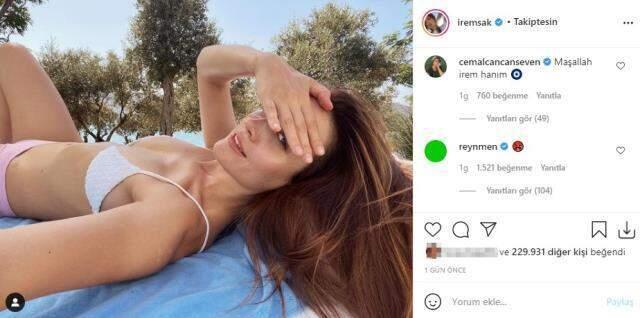 Oyuncu İrem Sak bikinili pozunu paylaştı, Cemal Can Canseven ve Reynmen'den yorum gecikmedi