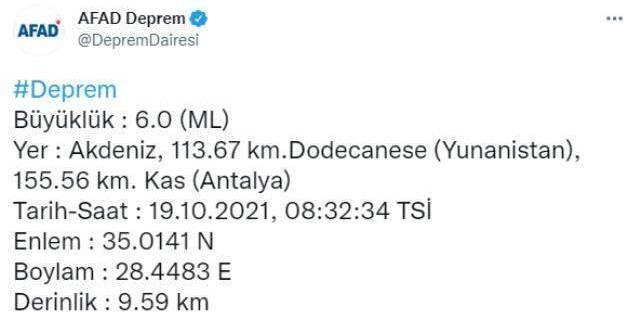 Son Dakika: Akdeniz açıklarında 6 büyüklüğünde deprem