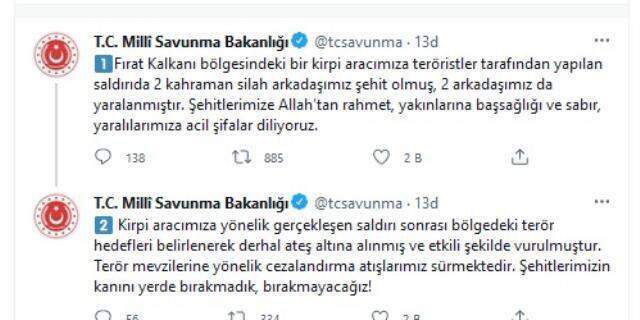 Fırat Kalkanı Bölgesi'nde Türk birliğine terör saldırısı: 2 şehit, 2 yaralı