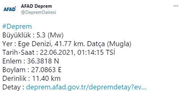 Datça açıklarında 5,3 büyüklüğünde deprem meydana geldi