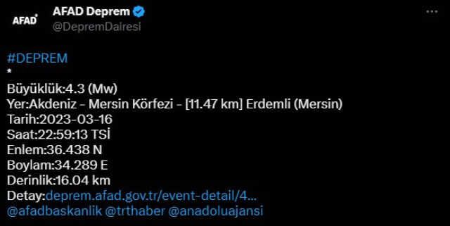 Mersin'de deprem mi oldu? SON DAKİKA! Az önce Mersin'de deprem mi oldu? Mersin deprem şiddeti kaç?