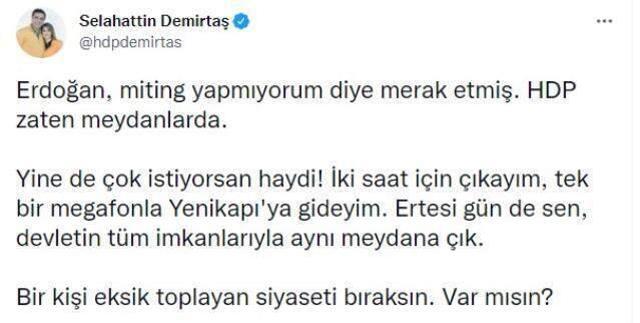 Selahattin Demirtaş'tan Cumhurbaşkanı Erdoğan'a miting yanıtı: HDP zaten meydanlarda