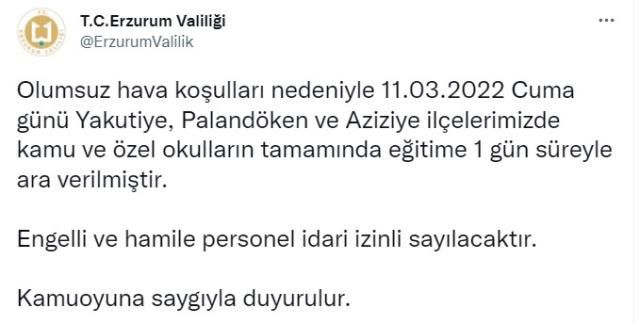 Erzurum'da okullar tatil mi? SON DAKİKA! Erzurum Valiliği açıklaması! Erzurum kar tatili var mı? Erzurum Hava Durumu!