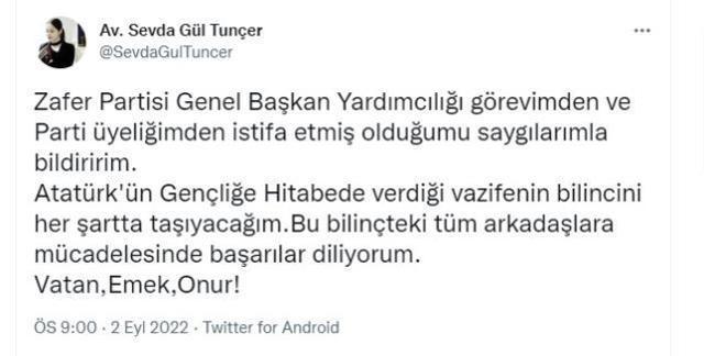 Zafer Partisi Genel Başkan Yardımcısı Sevda Gül Tunçer, Görevinden ve Partisinden İstifa Etti