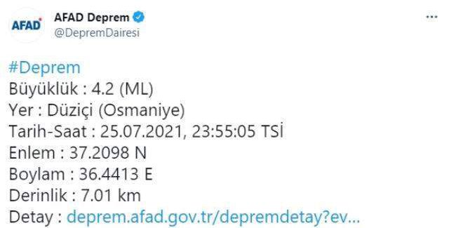 Osmaniye'de 4,2 büyüklüğünde deprem