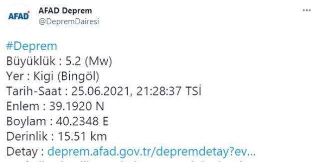 Son Dakika: Bingöl'ün Kiğı ilçesinde 5,2 büyüklüğünde deprem meydana geldi