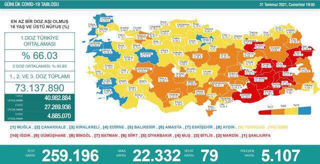 Son Dakika: Türkiye'de 31 Temmuz günü koronavirüs nedeniyle 79 kişi vefat etti, 22 bin 332 yeni vaka tespit edildi