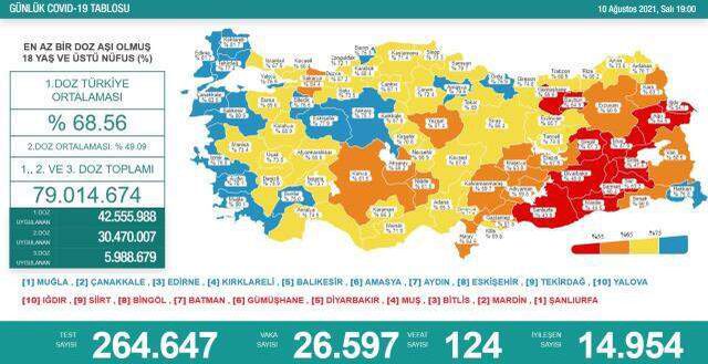 Son Dakika: Türkiye'de 10 Ağustos günü koronavirüs nedeniyle 124 kişi vefat etti, 26 bin 597 yeni vaka tespit edildi
