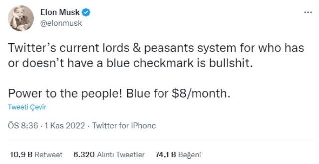 Elon Musk tartışmalara son noktayı koydu: Twitter'da mavi tik 8 dolar olacak
