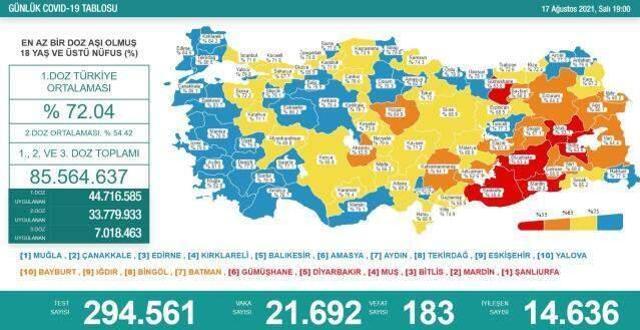 Son Dakika: Türkiye'de 17 Ağustos günü koronavirüs nedeniyle 183 kişi vefat etti, 21 bin 692 yeni vaka tespit edildi