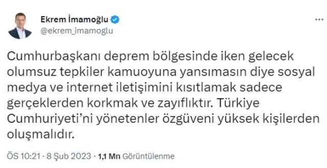 İmamoğlu'ndan Erişim Kısıtlanmasına Tepki: 'Sosyal Medya ve İnternet İletişimini Kısıtlamak Gerçeklerden Korkmak ve Zayıflıktır'