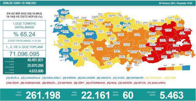 Son Dakika: Türkiye'de 29 Temmuz günü koronavirüs nedeniyle 60 kişi vefat etti, 22 bin 161 yeni vaka tespit edildi