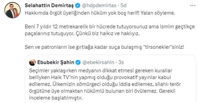 Demirtaş'tan hakkındaki yayın için inceleme başlatan RTÜK'e sert tepki: 7 yıldır hücrede tutuyorsunuz ama isminm geçice paçalarınız tutuşuyor