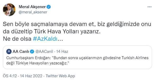 Akşener'den Cumhurbaşkanı Erdoğan'a 'Türk Hava Yolları' mesajı: Hatadan dönmek iyidir