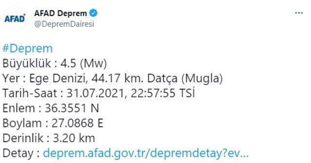 Son Dakika: Muğla Datça açıklarında 4.5 büyüklüğünde deprem