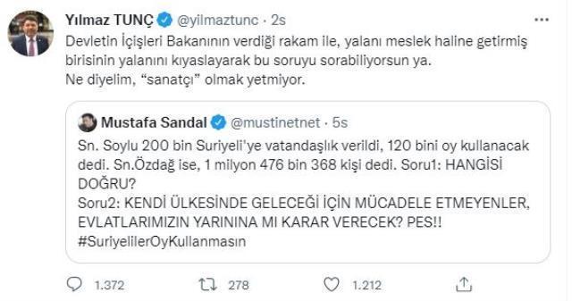 Mustafa Sandal ile AK Partili Tunç arasındaki Suriyeli tartışmasına Ümit Özdağ da dahil oldu